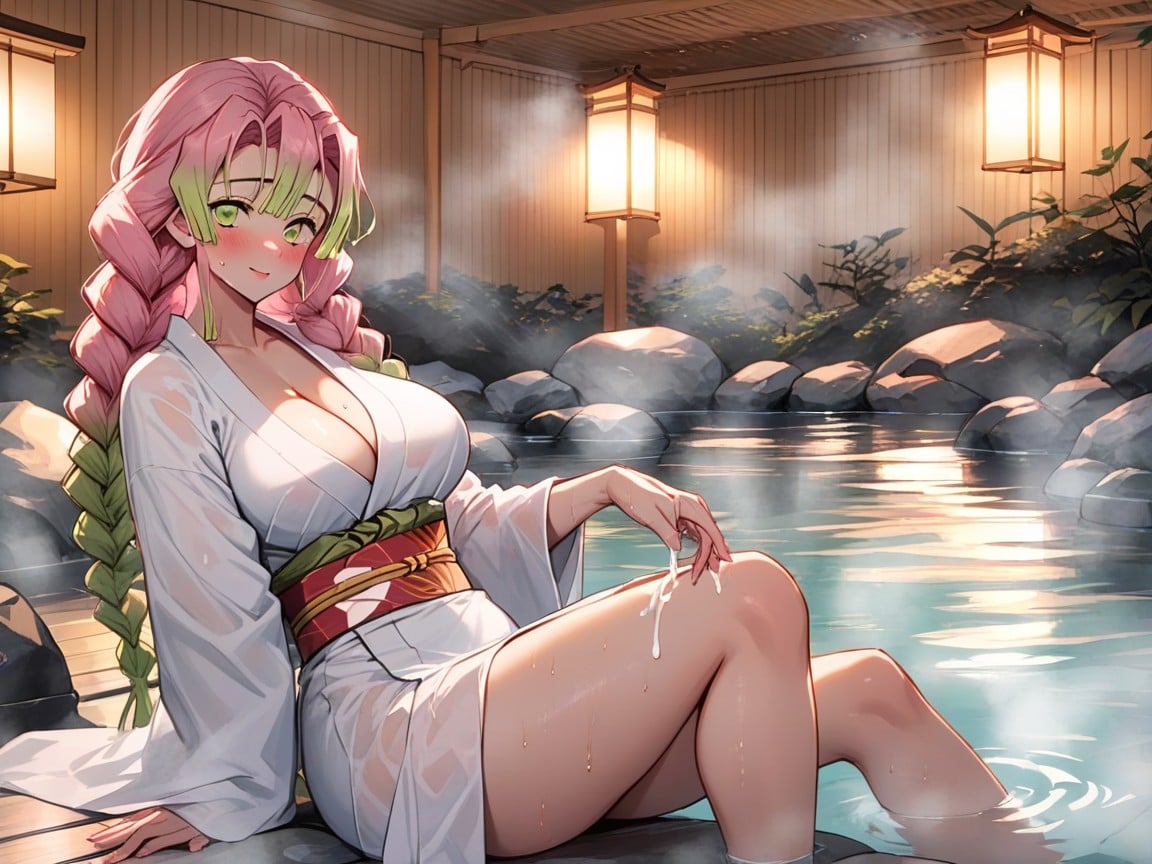 Onsen, Wide Hips, Mitsuri Has Braided Pink Hair With Green At The Tips Shemale AI Porn