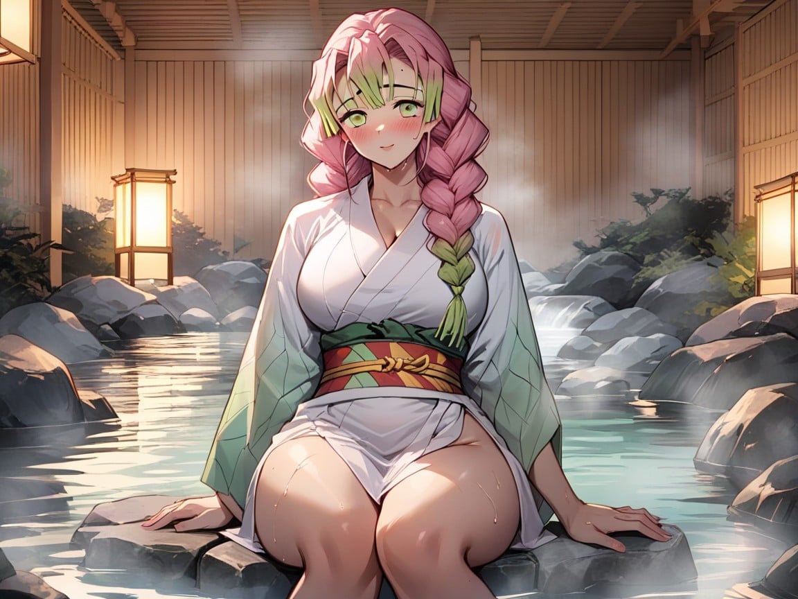 Onsen, Mitsuri Has Braided Pink Hair With Green At The Tips, Bottle Milk On Hand Furry AI Porn