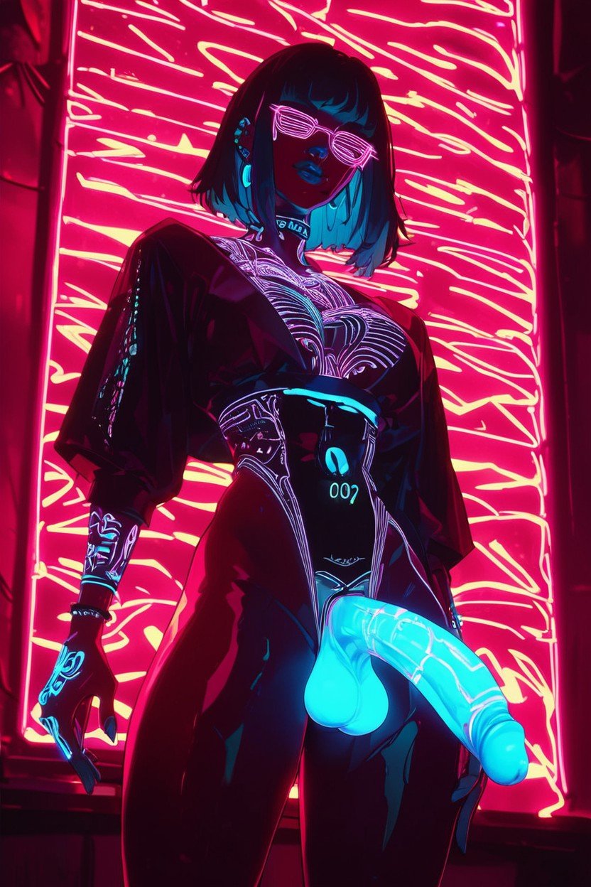 Neon Glowing Cock, Bioluminescent Body, Neon LightsニューハーフAIポルノ