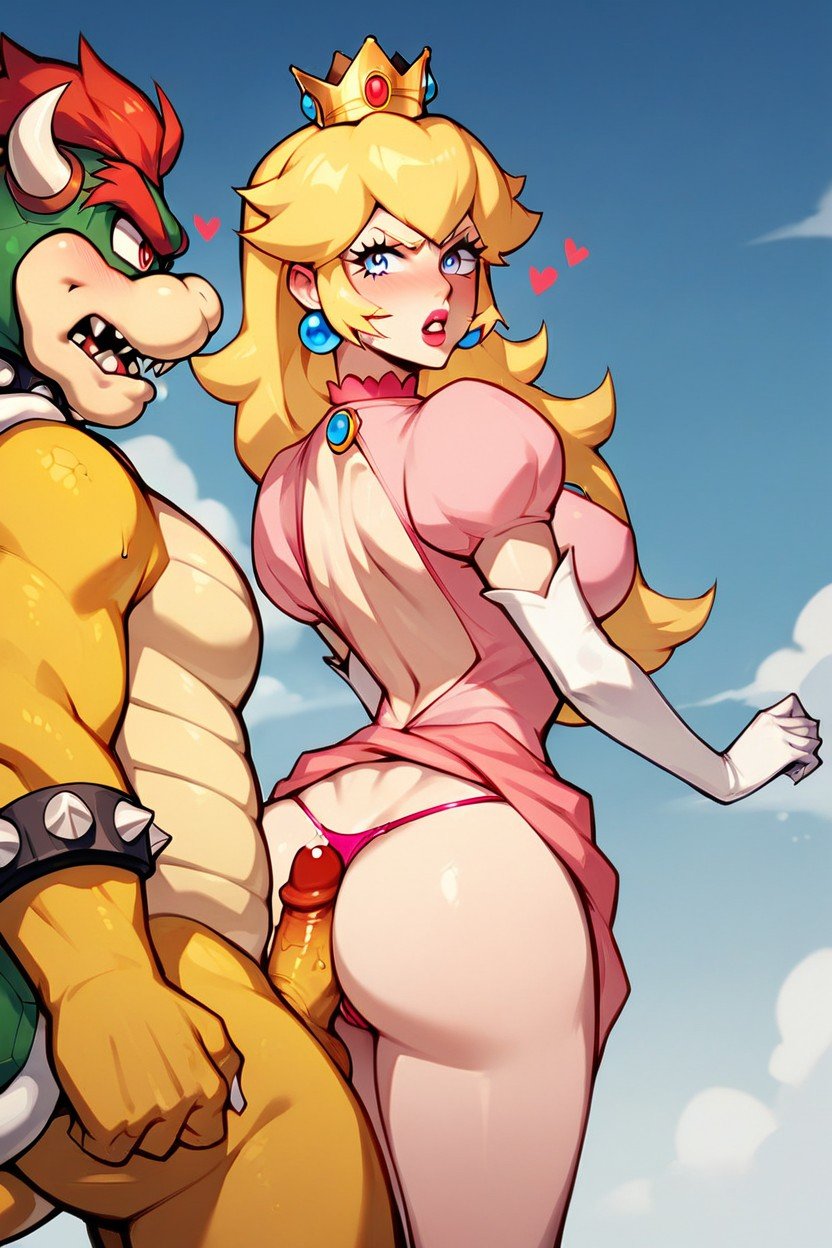 18+, Marioseriesnintendo Princess Peach Big Ass Blonde Hair Blue Eyes Angry Hang Job Standing Bowser Bowser Standing Over Peach Heart Eyes Pink Dress ThongPorno IA transsexuelle