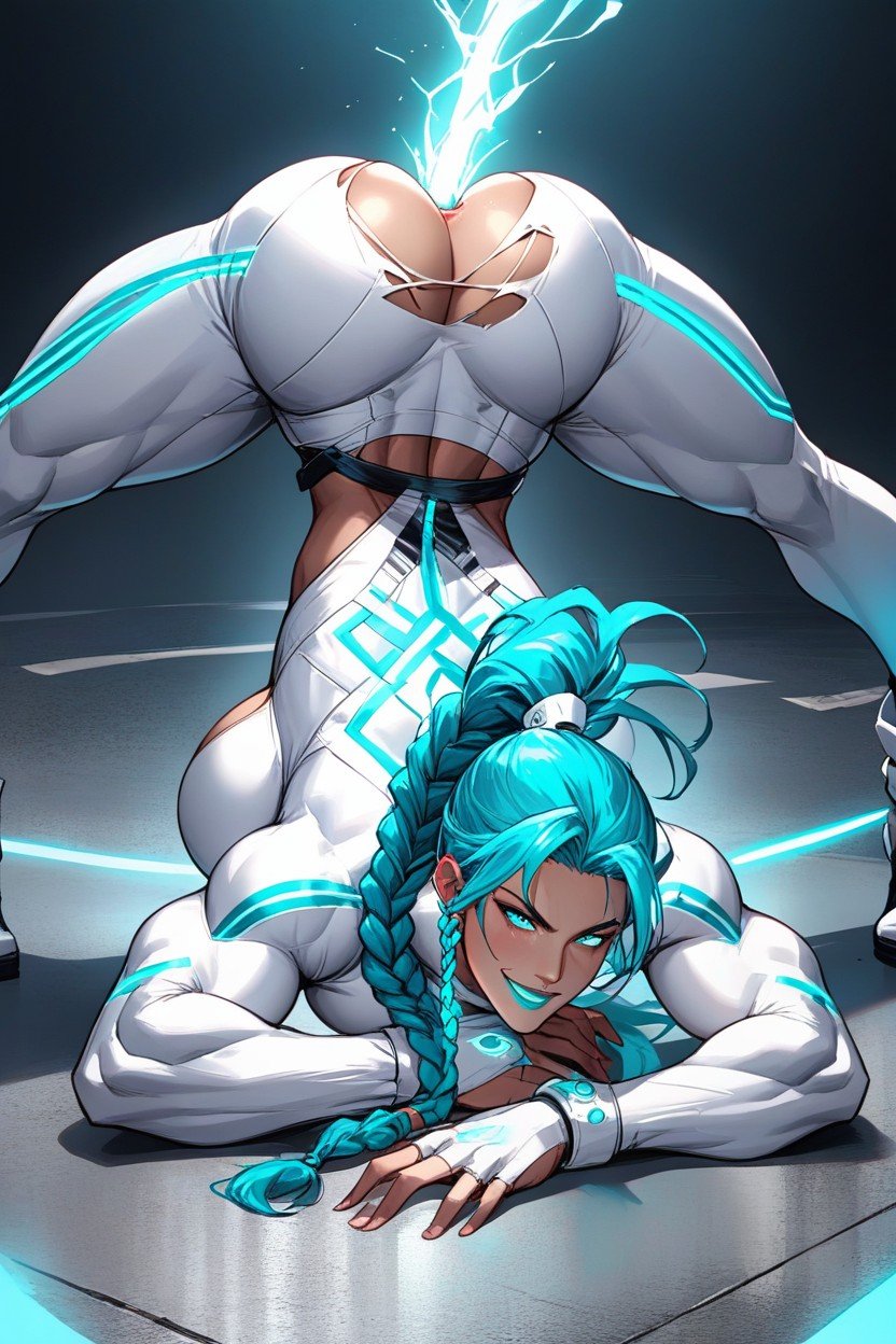 Tall And Muscular And Voluptuous Woman, Neon Aqua Hair Pulled Back Into One Braided High Ponytail Made Out Of Energy, 18+쉬메일 AI 포르노