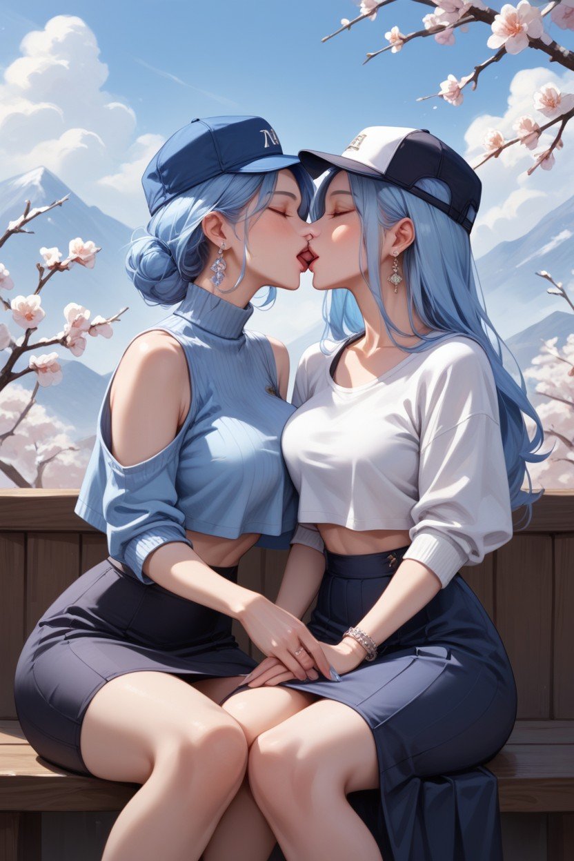 Cheveux Bleu Clair, S'asseoir, CasquettePorno IA Hentai