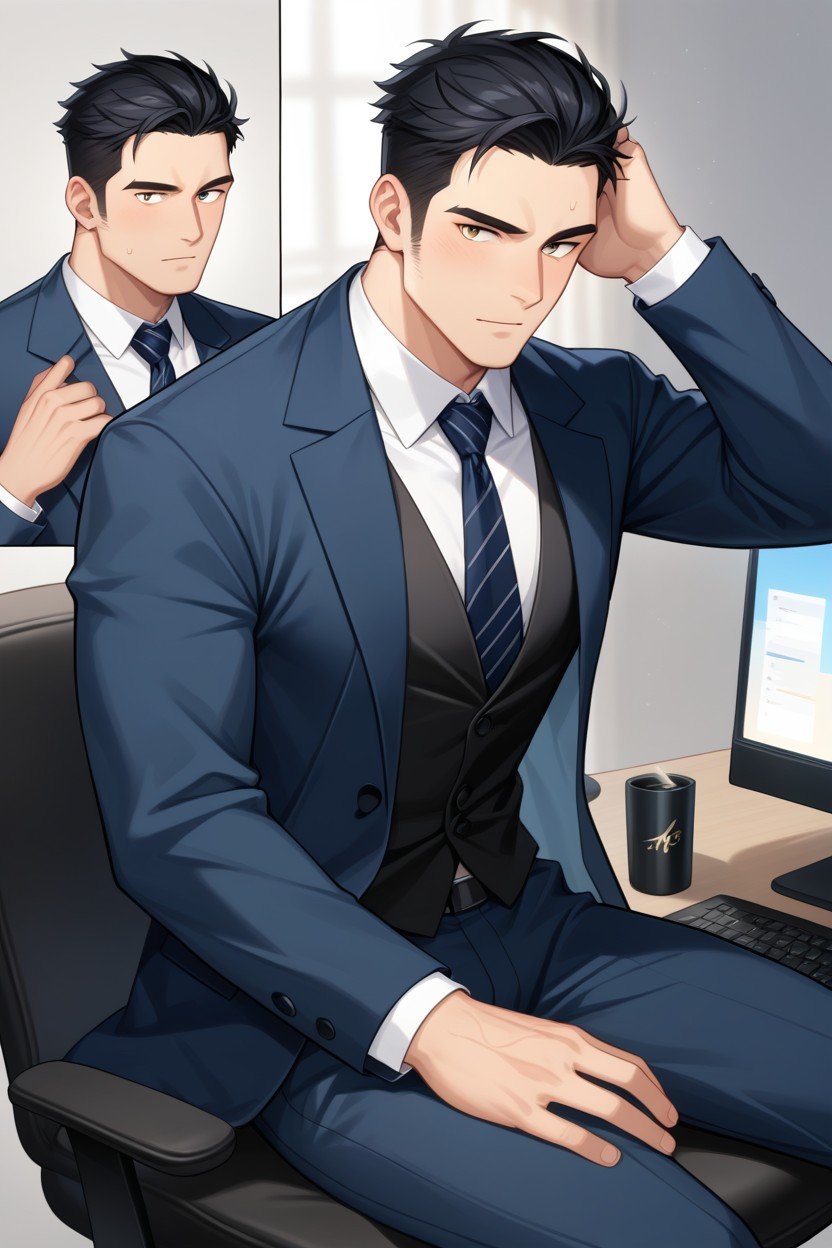 Man Wearing Suit Holding Suit Jacket Slung Over His Shoulder, 18+, Man Sitting At ComputerPorno gay IA