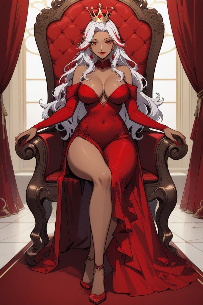 Red Gown, White Hair With Red Highlights, マンションヘンタイAIポルノ