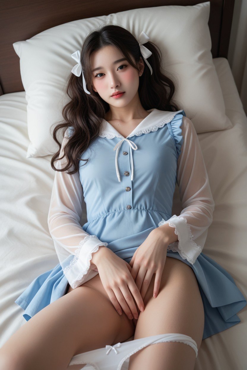 On Bed, Lifting Skirt With Her Hands, White Thigh High SocksAI国产黄片