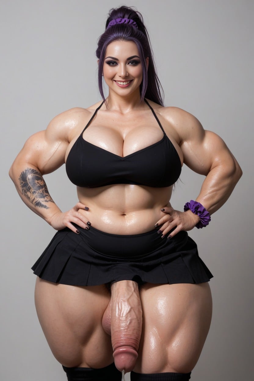 Long Hair, Purple Hair In High Ponytail With Scrunchie, Covered In Large Tattoos AI Porn