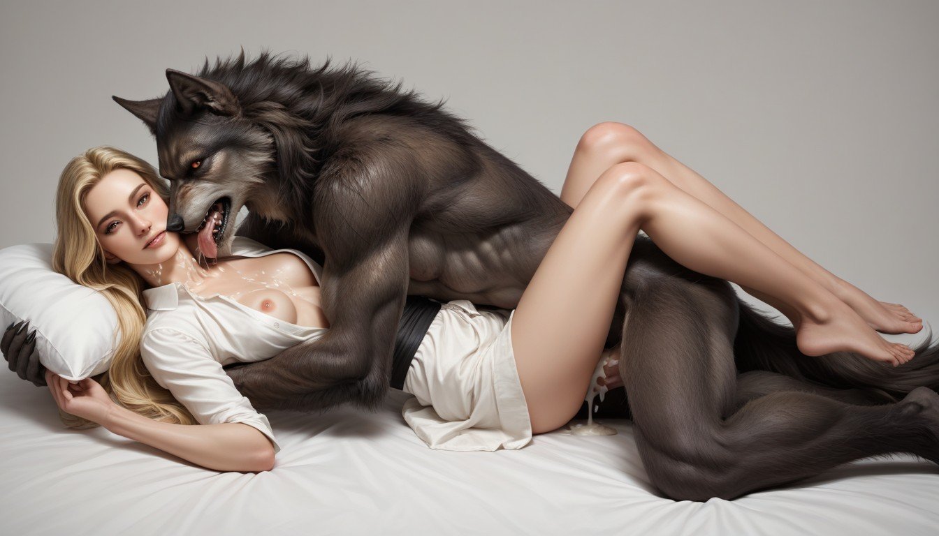 Werewolf Leaning On Her, Small Breasts, White Shirt Furry AI Porn