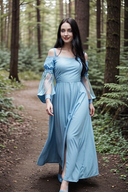 Pale Skin Woman, Long Blue Dress With Sleeves, Pm Asian AI Porn