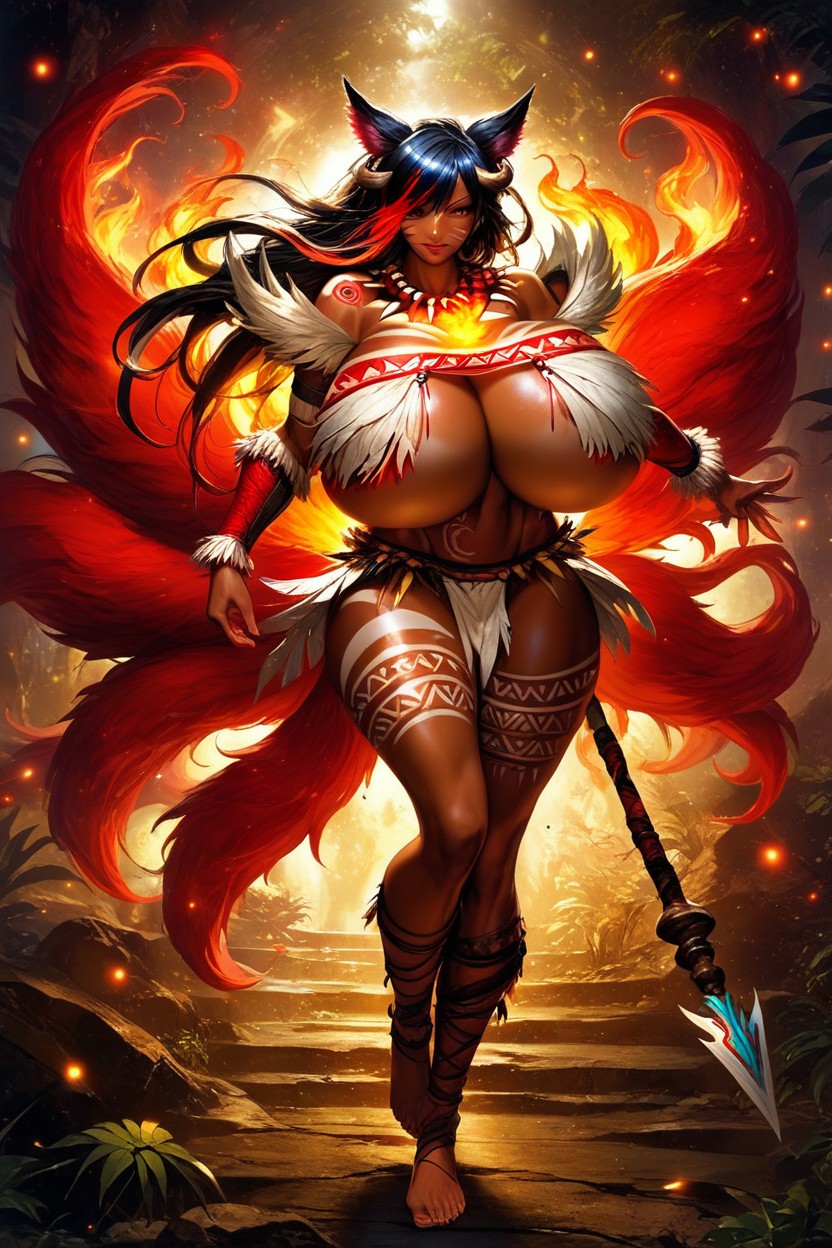 Hourglass Figure, Tribal Tattoos On Chest, Flamming Fiery Flame Hair Hentai AI Porn