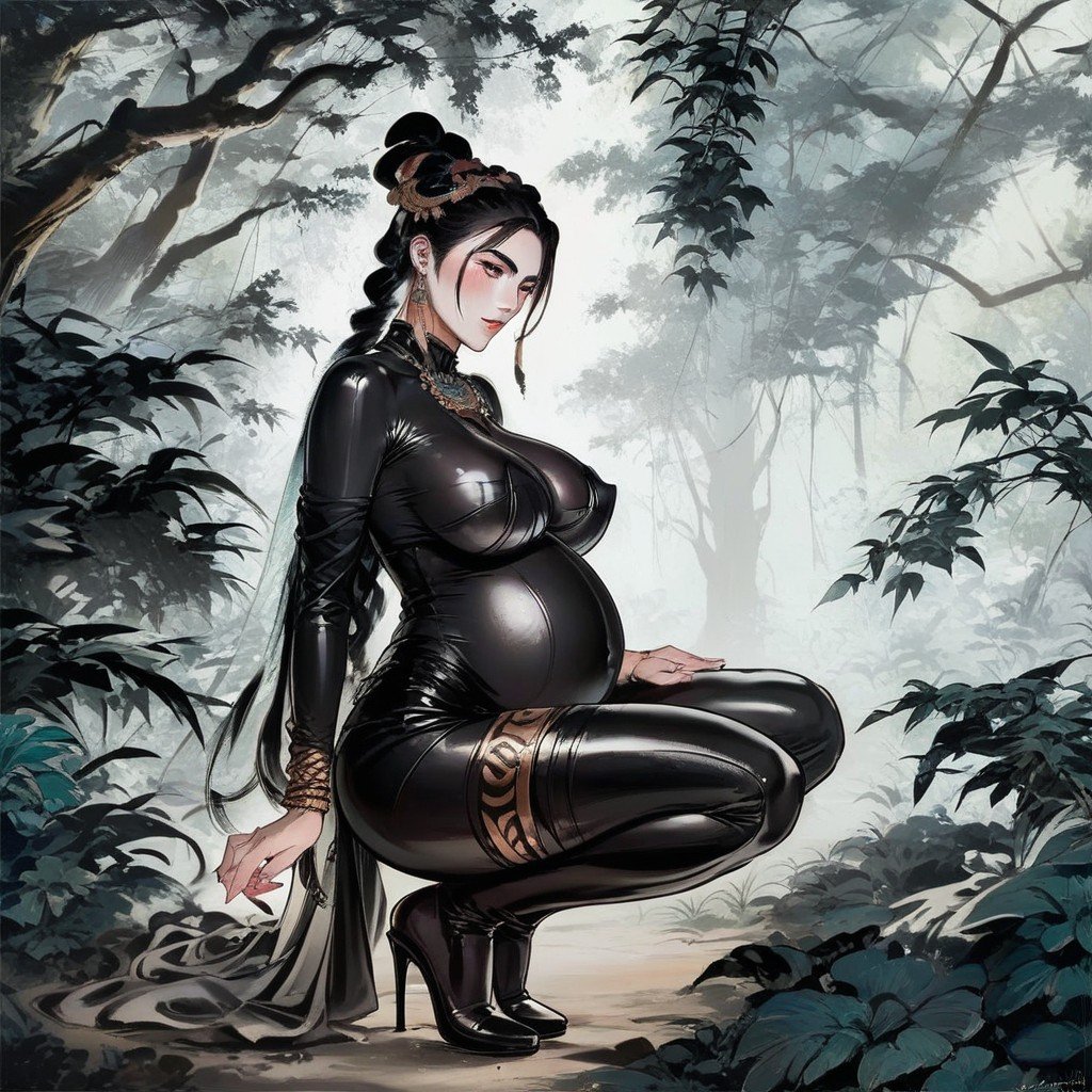 瑞典人, Woman In Tight Black Glossy Catsuit Pregnant, 单人图AI黄漫