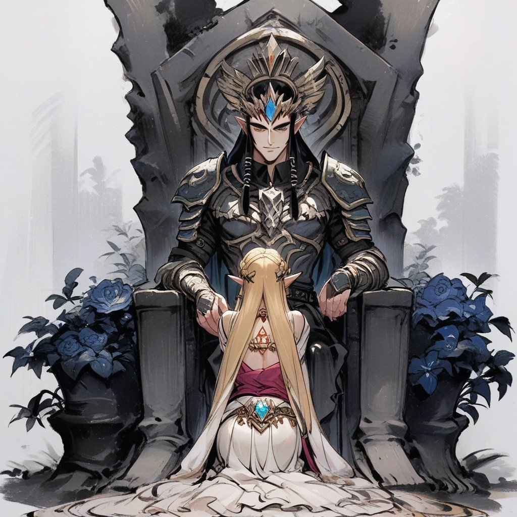 Dark Shadow In Background Link In Armor Kneeling In Front Of Zelda's Throne, Princess Zelda Sitted On The Throne Wearing A Dark Gown, Master Sword On Back Hentai AI Porn