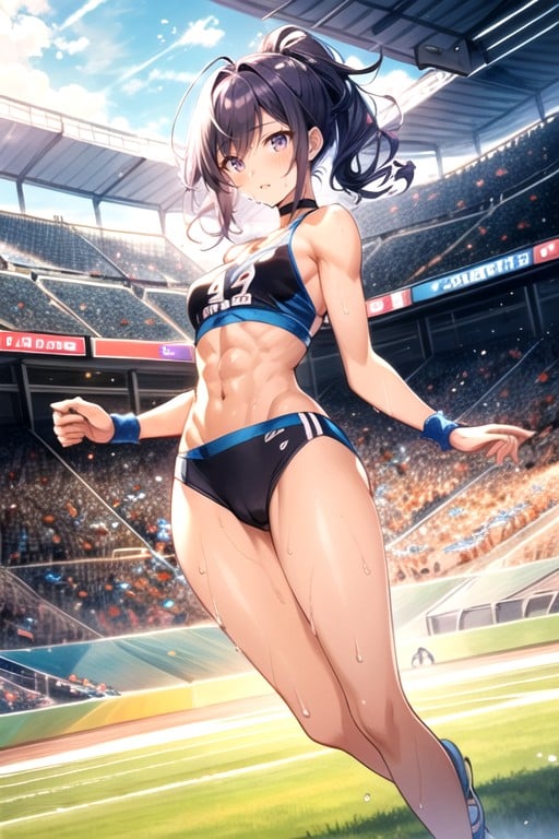 Detailed Background Of A Stadium For Athletes, Cheveux Violets, Camel ToePorno IA transsexuelle