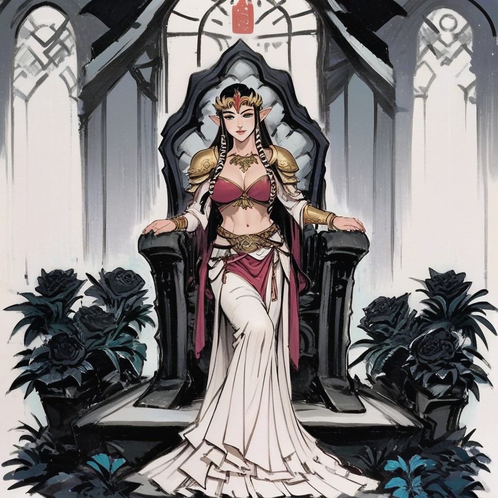 Master Sword On Back, Dark Shadow In Backgroundlink In Armor Kneeling In Front Of Zelda's Throne, Princess Zelda Sitted On The Throne Wearing A Dark GownHentai IA