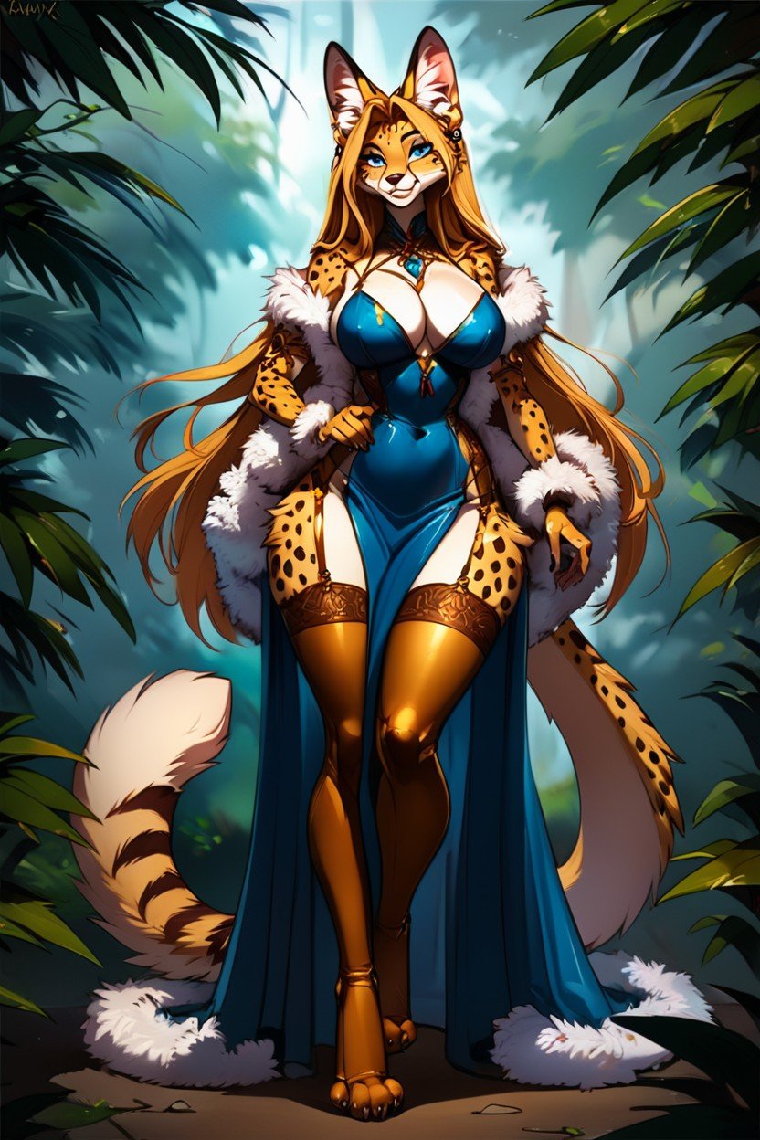 Long Blond Hair, Wide Hips, Female Serval Pornografia peluda com IA