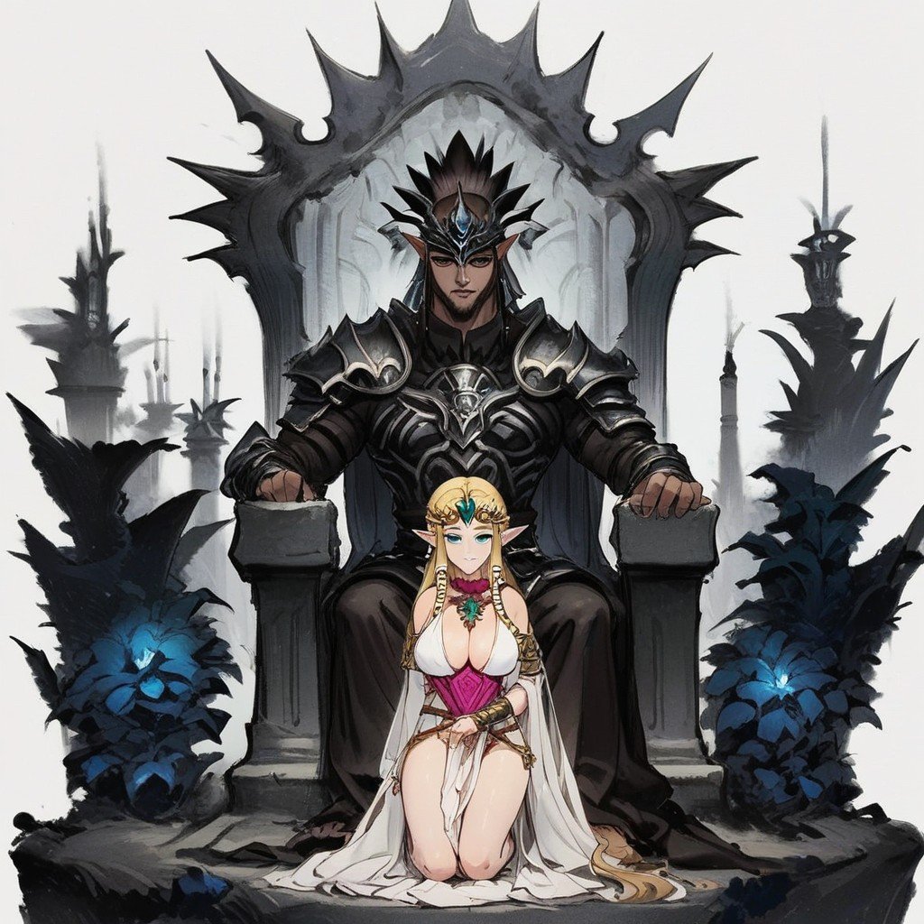 18+, Princess Zelda Sitted On The Throne Wearing A Dark Gown, Dark Shadow In Backgroundlink From Zelda In Armor Kneeling In Front Of Zelda's Throne Hentai AI Porn