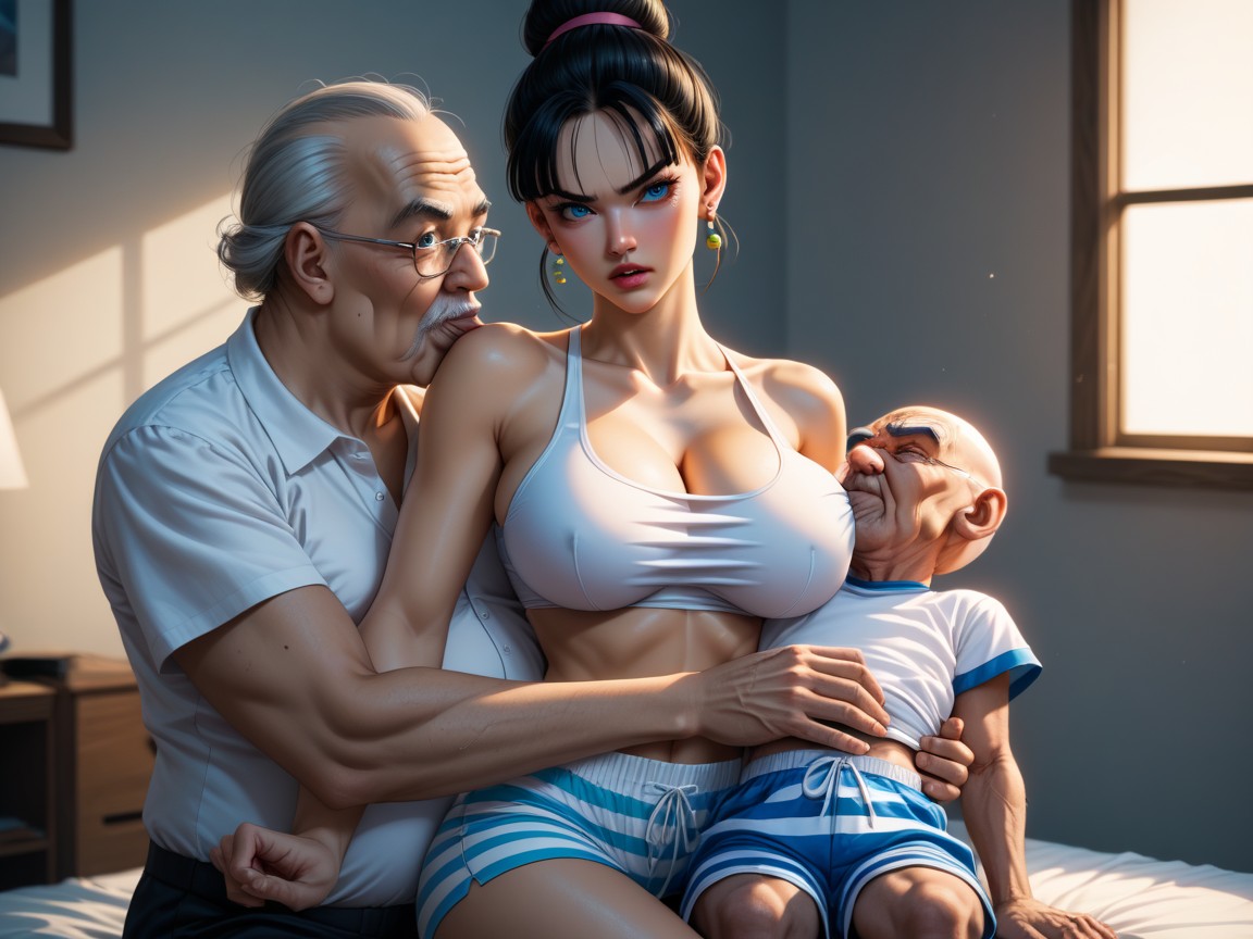 Highly Detailed, Blue Eyes, Old Man Grabbing Her Breasts Travesti IA Pornô