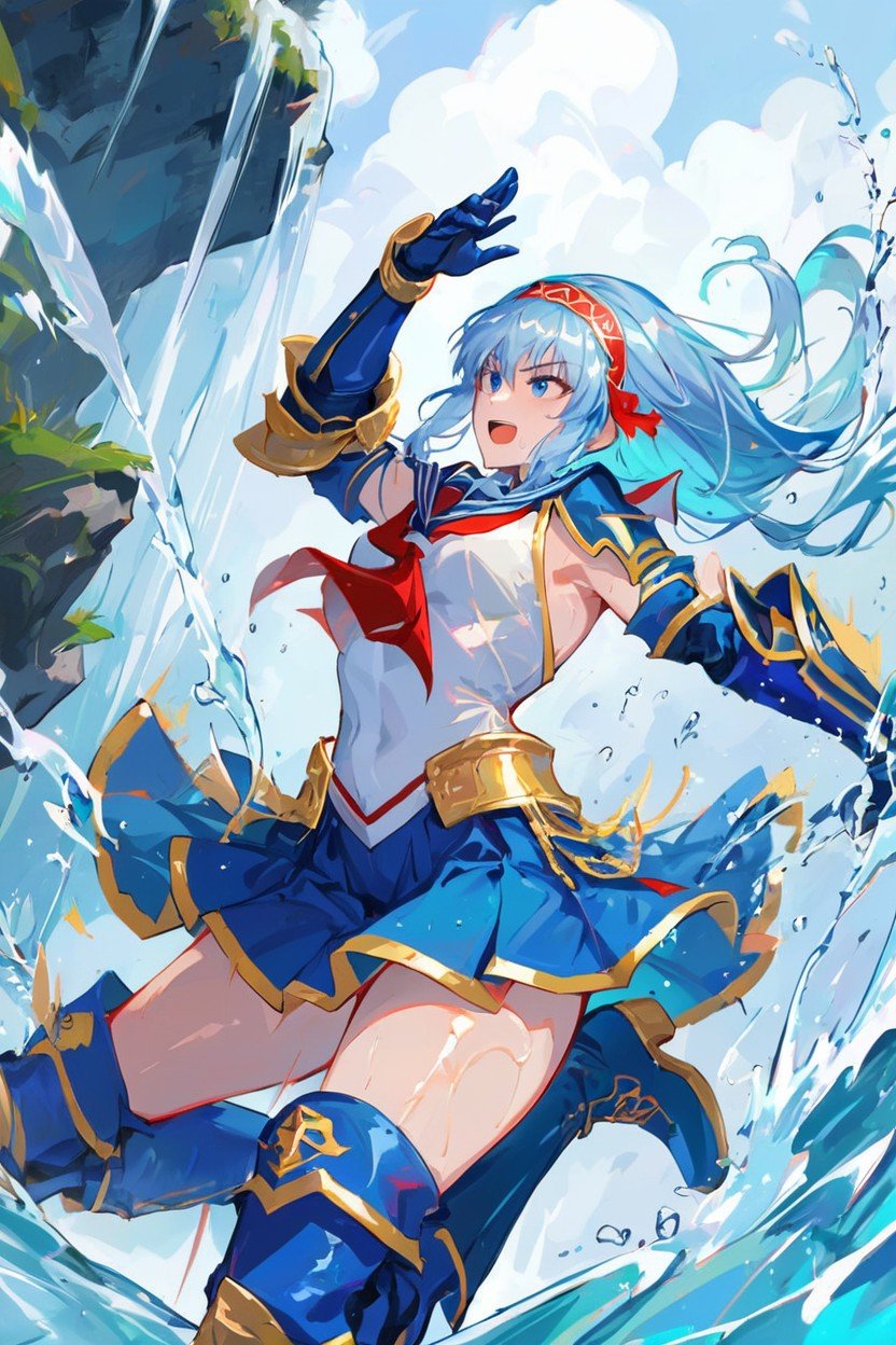 Water Splashing Around, Blue Sailor Skirt, Very Detailed FaceAI黄漫