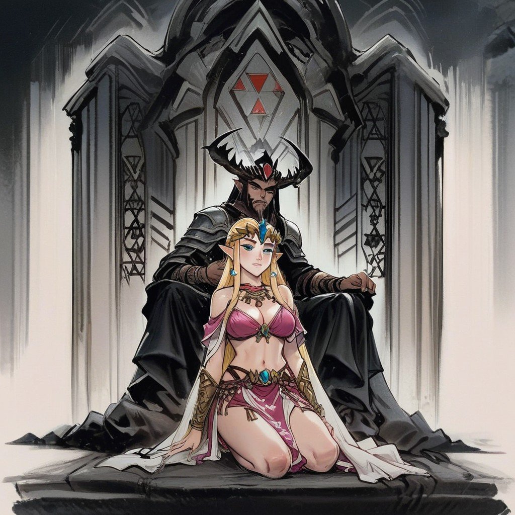 18+, Princess Zelda Sitted On The Throne Wearing A Dark Gown, Dark Shadow In Backgroundlink From Zelda In Armor Kneeling In Front Of Zelda's Throne Hentai IA pornografia