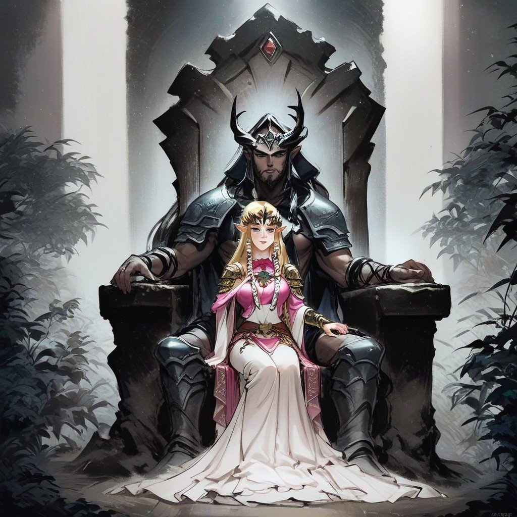 18+, Princess Zelda Sitted On The Throne Wearing A Dark Gown, Dark Shadow In Backgroundlink From Zelda In Armor Kneeling In Front Of Zelda's ThroneヘンタイAIポルノ