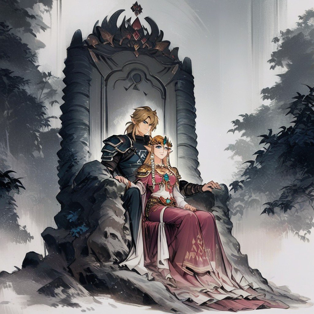 Princess Zelda On The Throne Wearing A Dark Gown, 18+, Dark Shadow In Backgroundkneeling Link From Zelda In ArmorPorno IA Hentai