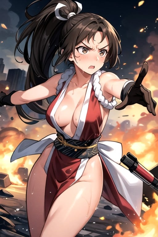 En Sueur, Mai Using A Pistol And Shooting In A Cool Action Pose Looking The Danger, Scene With Explosions And Stuff WarPorno IA transsexuelle