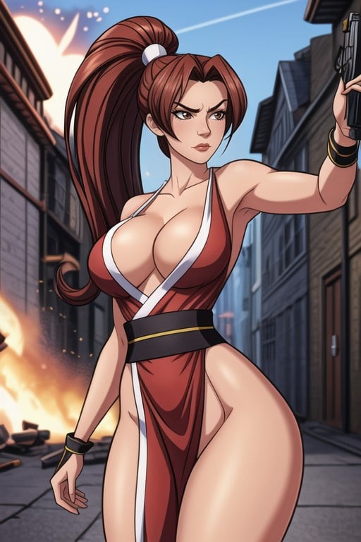 Mai Shiranui (the King Of Fighters), Serious Face Battleground Destruction Bases She's Shooting With A Gun, Background War ExplosionsHentai IA