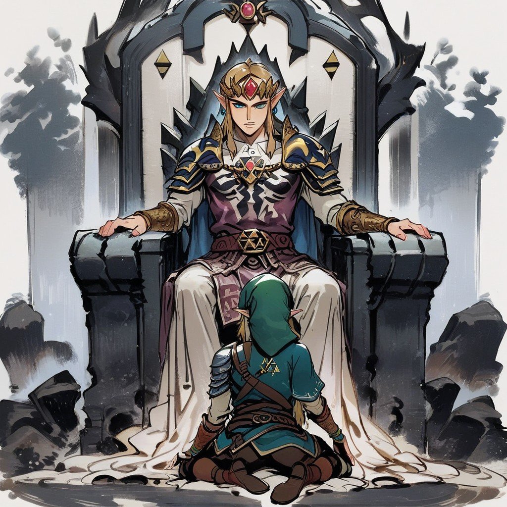 Link Kneeling In Front Of Throne, Kneeling Link In Front Of Zelda's Thronemaster Sword On Back, 18+ Hentai AI Porn