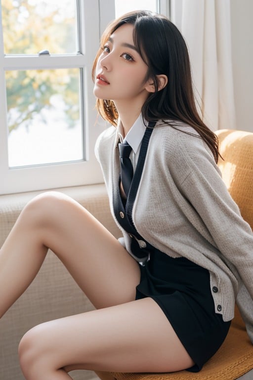 Wearing Gray School Cardigan, No Panties, White Cotton SocksAsiatischer KI Porno