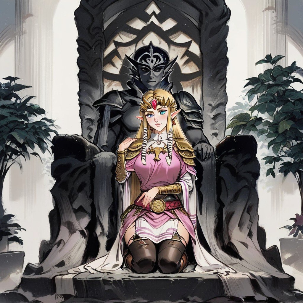 Kneeling Link In Front Of Zelda's Thronemaster Sword On Back, Dark Shadow In Backgroundkneeling Link From Zelda In Armor, Princess Zelda On The Throne Wearing A Dark GownAI黃漫