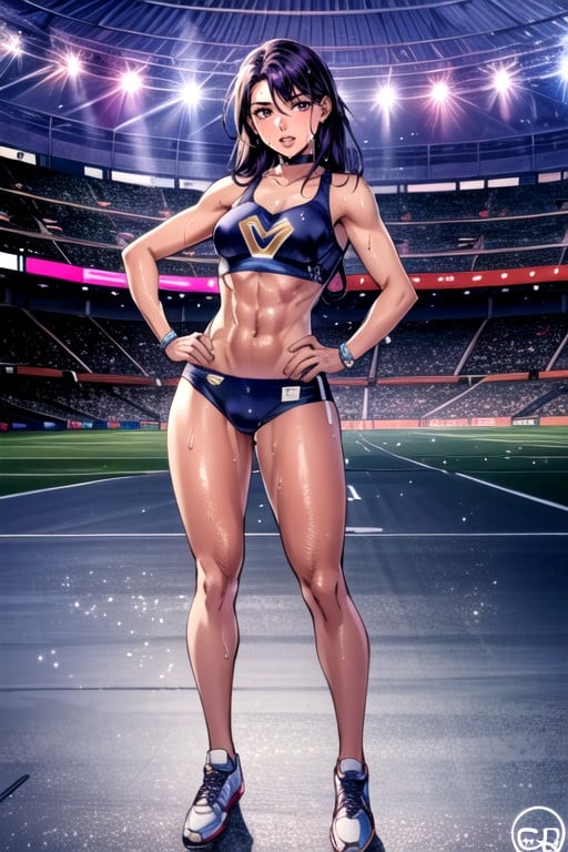 A British Woman, Oiled Skin, Detailed Background Of A Stadium For Athletes Hentai IA pornografia