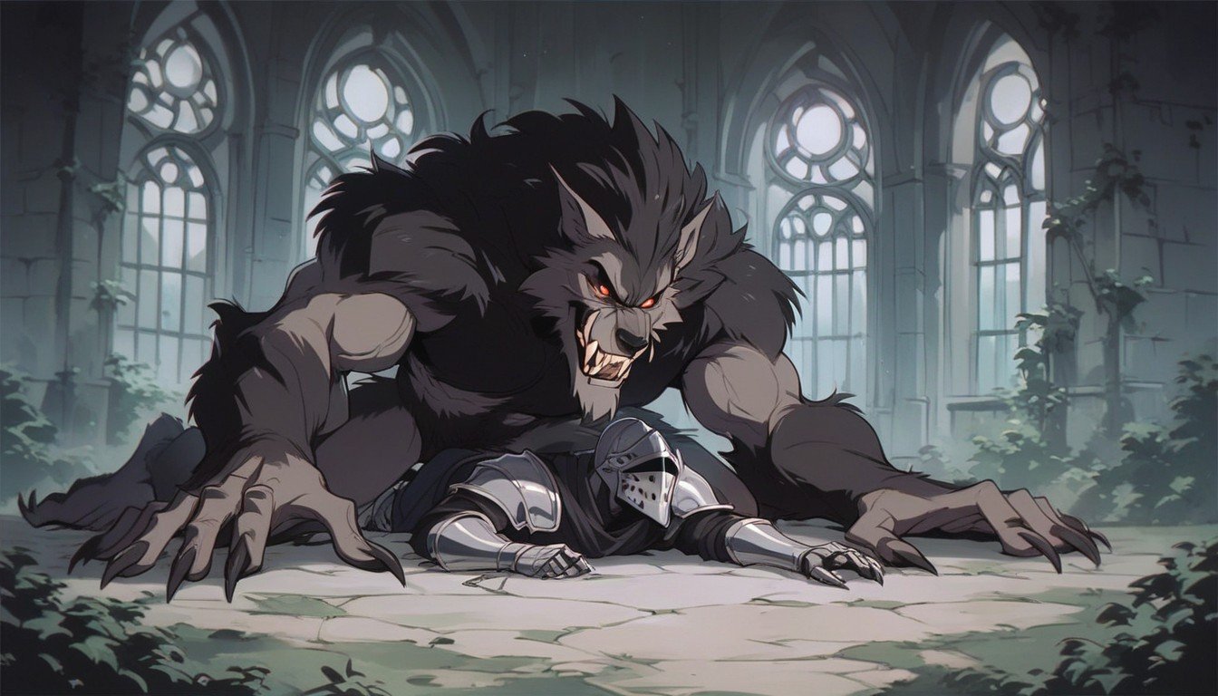 Big Werewolf Monster, 18+, Outside The Black Dark Church Hentai AI Porn