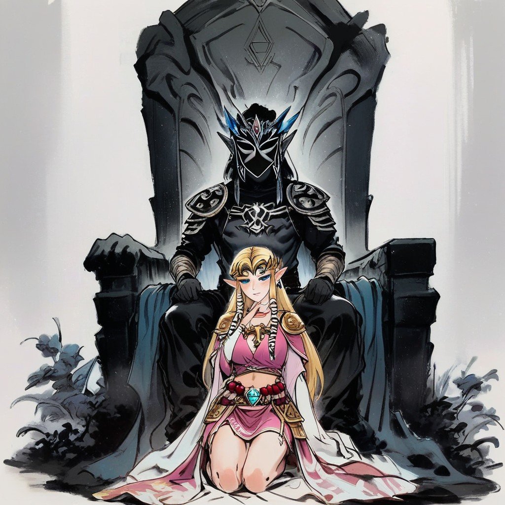 Dark Shadow In Backgroundkneeling Link From Zelda In Armor, Princess Zelda On The Throne Wearing A Dark Gown, Link Kneeling In Front Of Throne Хентай AI порно