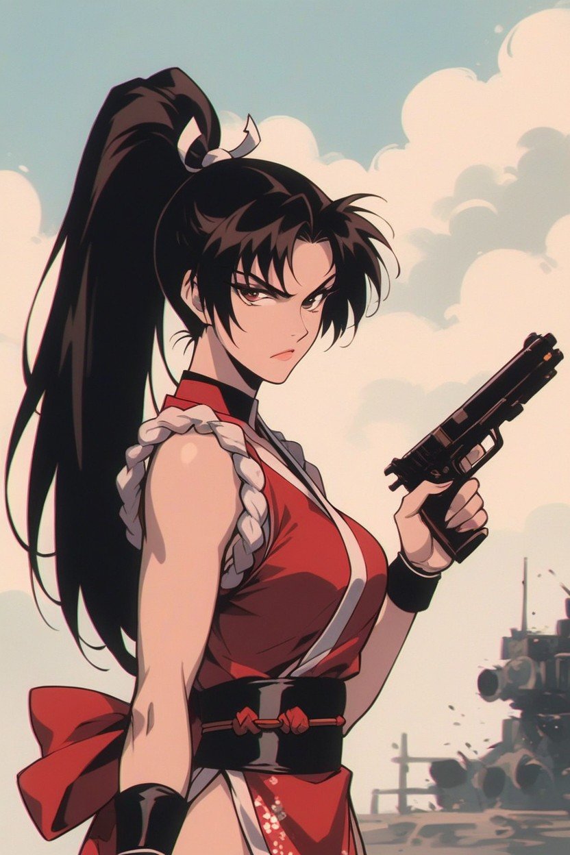 Background War Explosions, 18+, Mai Shiranui Using A Pistol And Shooting In A Cool Action Pose Looking The DangerHentai IA