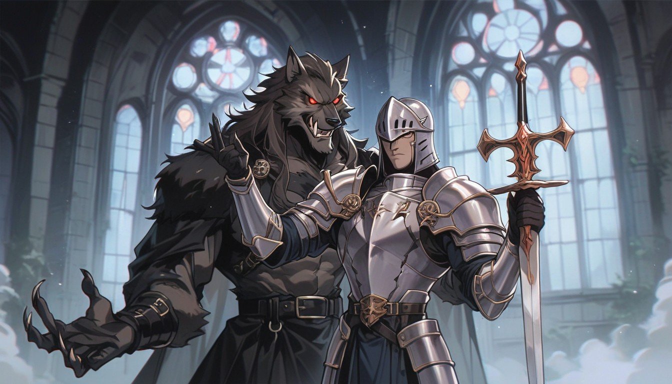 Big Black Man With Knight Armor, Outside The Black Dark Church, Big Werewolf MonsterAI黃漫