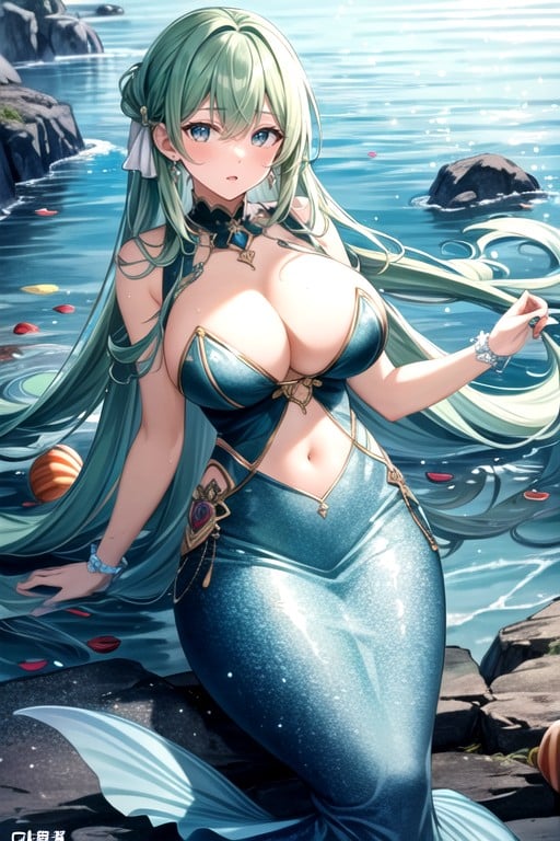 Green Hair, Mermaid, Big Breasts Pornografia gay com IA