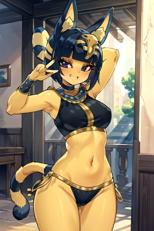 Ankha (animal Crossing), Style D'art Aux Traits Épais, Nombril ExposéPorno IA transsexuelle