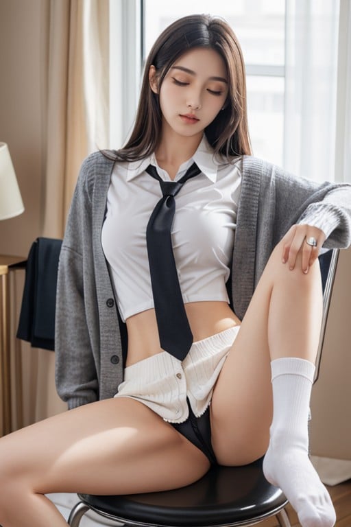 White Cotton Socks, Sunlight From Window, Slightly Visible Pussy Asian AI Porn