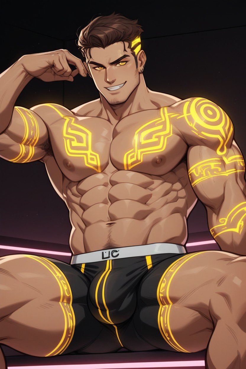 Glowing Neon Tight Boxer Briefs, Chubby Abdomen, SmirkゲイAIポルノ