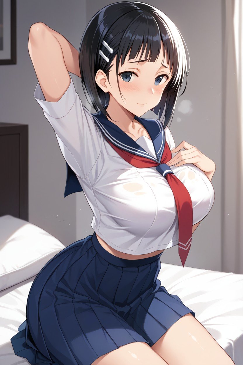 Suguha From Sword Art Online Is Wearing A White And Navy Blue Sailor Uniform And A Red Tie In Her Bedroom, Rubbing Her Large Breasts Over Her Clothes, 18+Porno IA Hentai