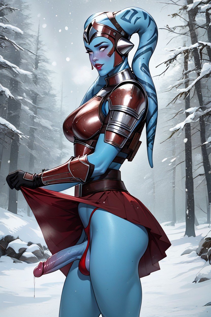 现代城市, Twi'lek Futanari Huge Boobs Blue Skin Mandalorian Armor, 透视裙底人妖AI色情