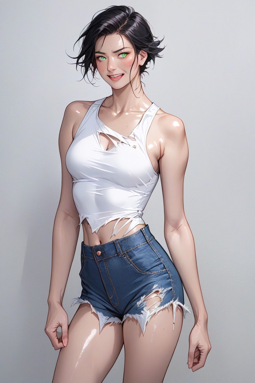 Low Rise Denim Shorts, Pin Up Pose, HyperrealisticニューハーフAIポルノ