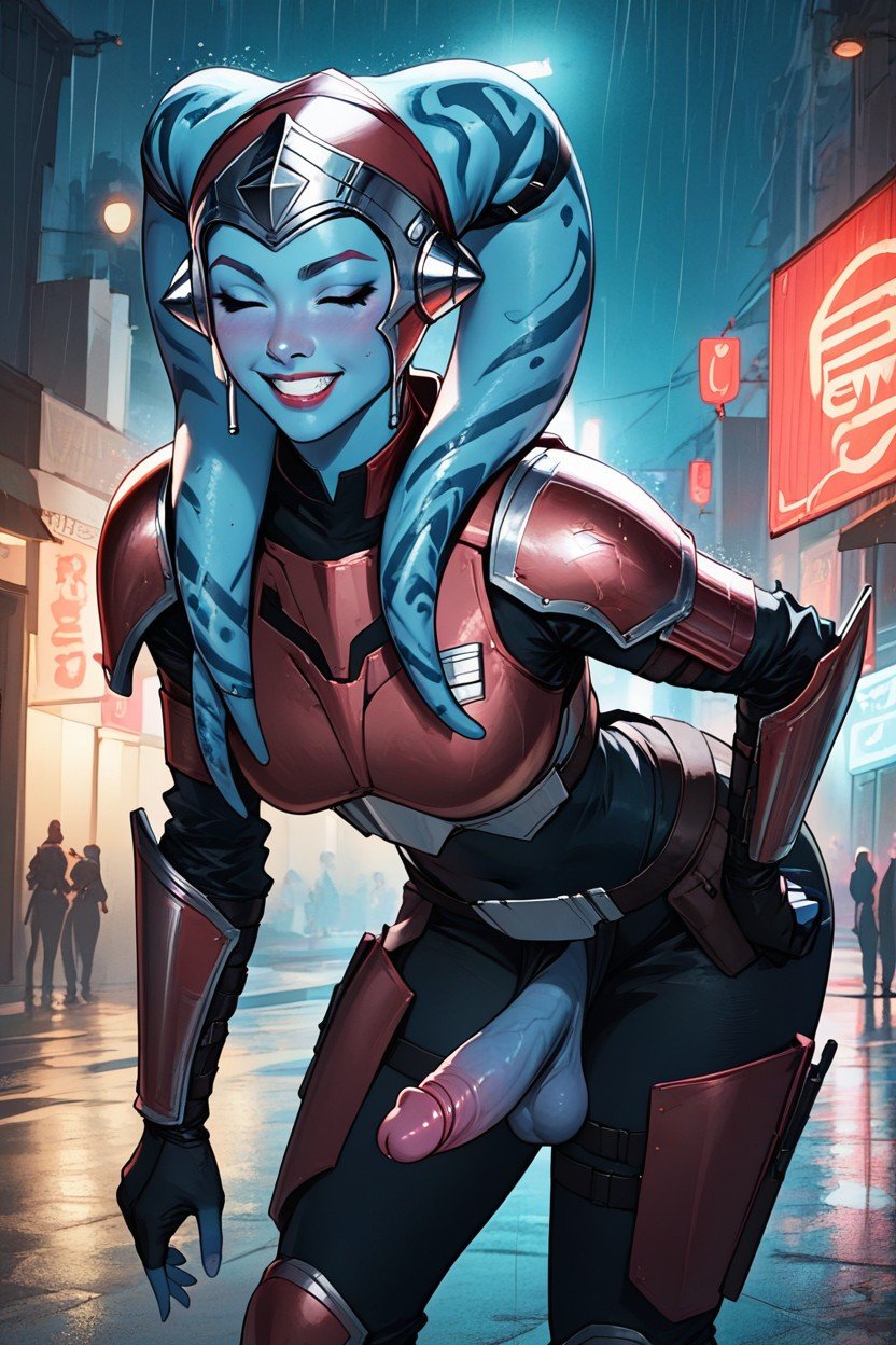 Twi'lek Futanari Huge Boobs Blue Skin Mandalorian Armor, Feliz, Dentes Cerrados Travesti IA Pornô