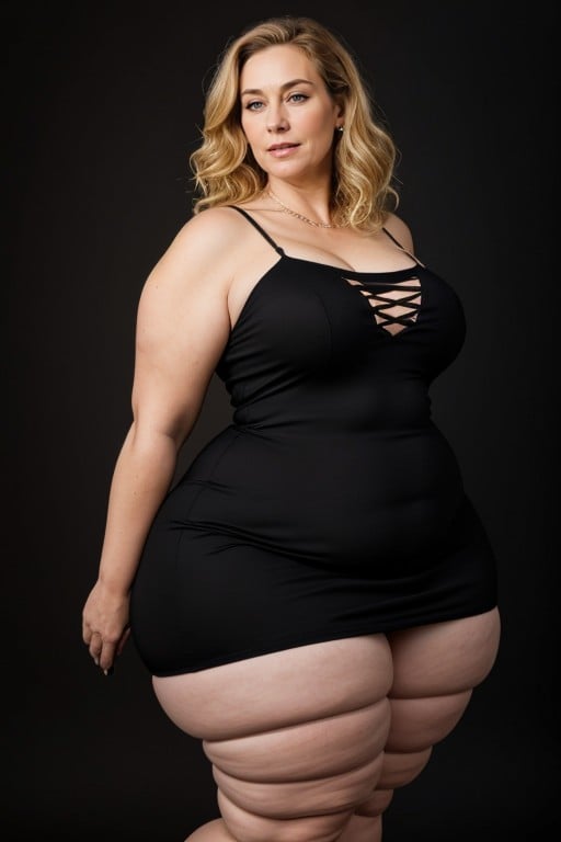 Extremely Fat, Big Hips, Wearing Lowcut Spaghetti Strap Black Dress Hentai AI Porn