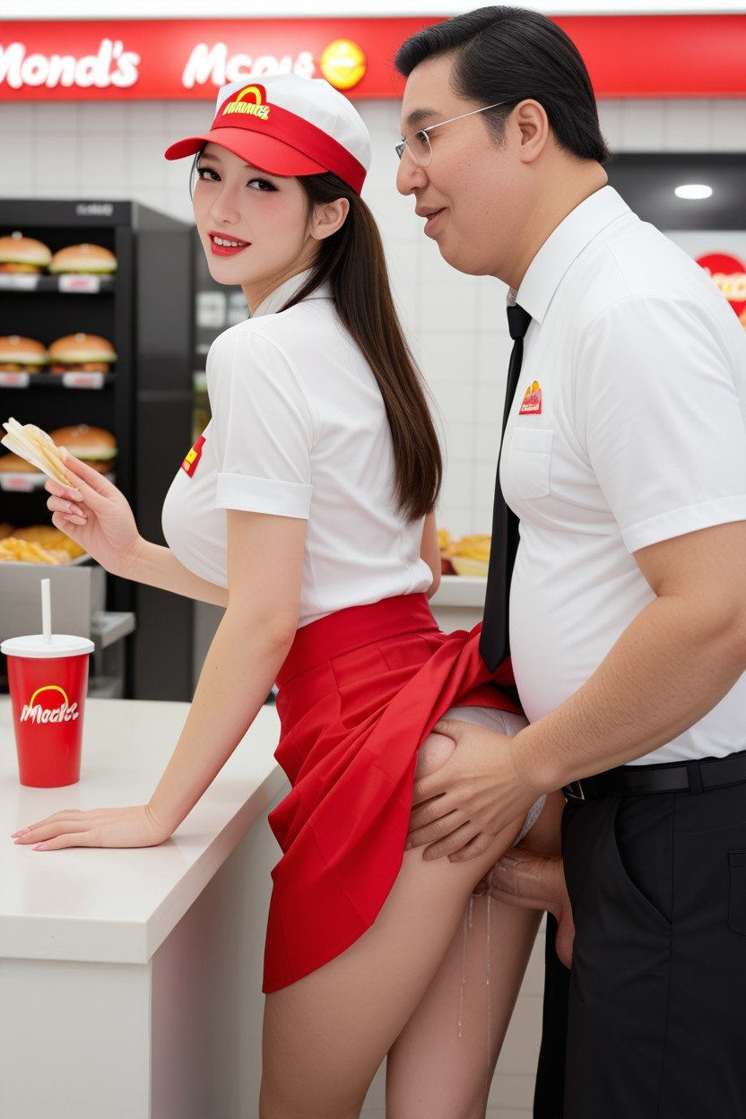 Tall Ugly Fat Man Store Manager With Veins Visible Huge Penis, Woman Wearing White Mcdonalds Shirt, Woman Wearing Mcdonalds Sunvisor Asian AI Porn