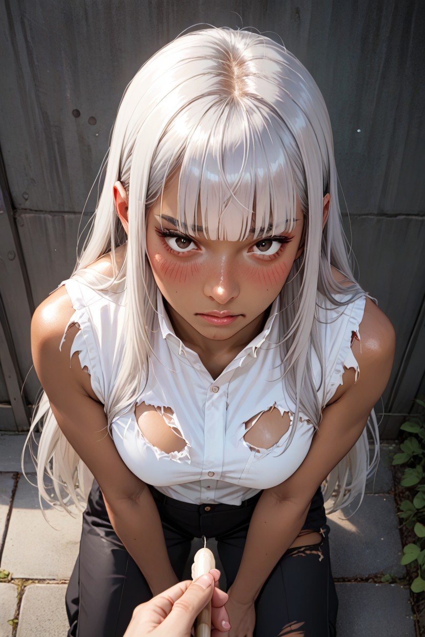 Silver Hair, Kneeing, Embarrassed Hentai AI Porn