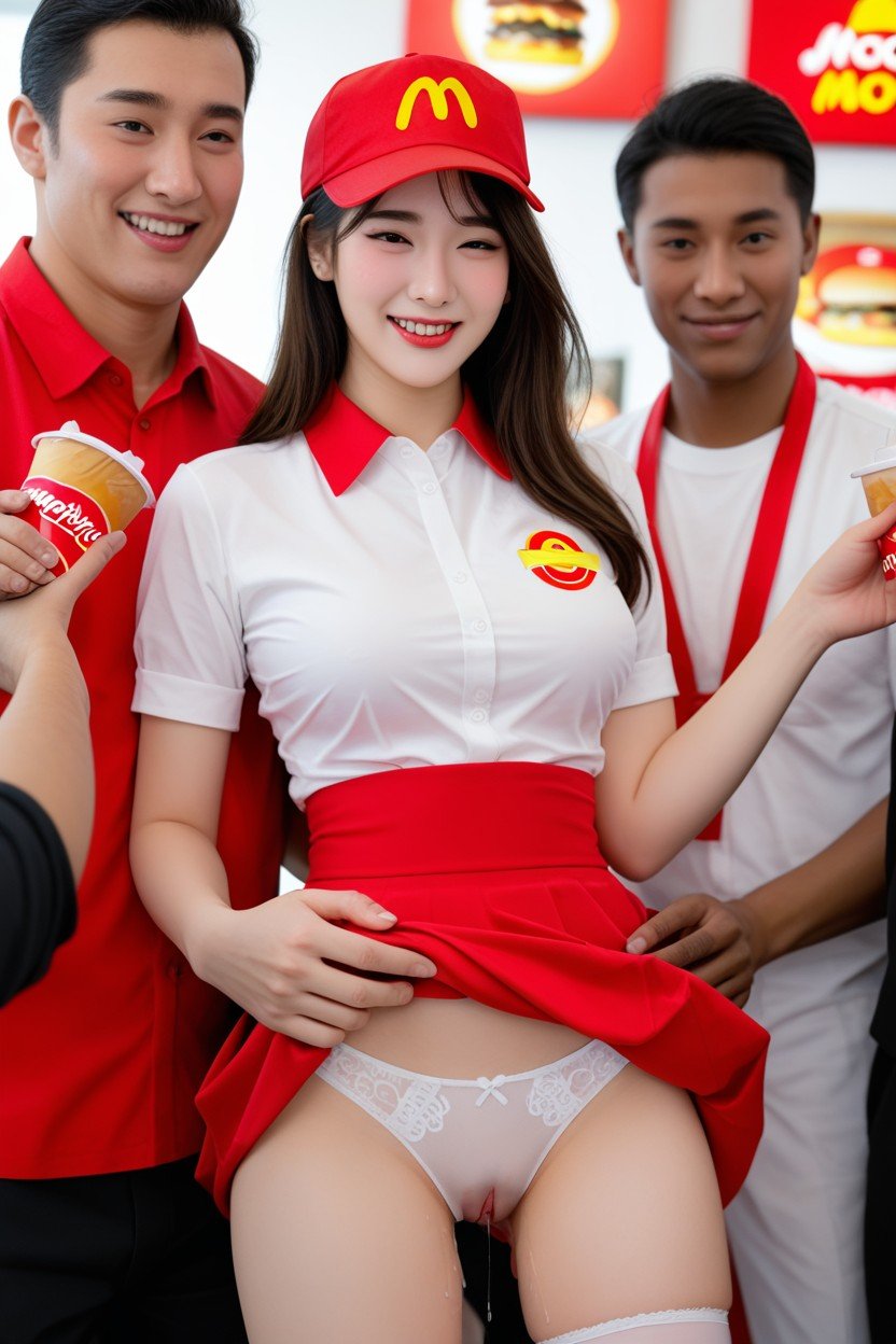 Korean Idol Face, Lifting Skirt, In Mcdonalds Restaurant Asian AI Porn