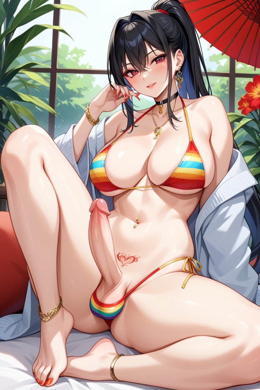 Japanese, Black Ponytail Hair, Rainbow Colored Bikini Shemale AI Porn