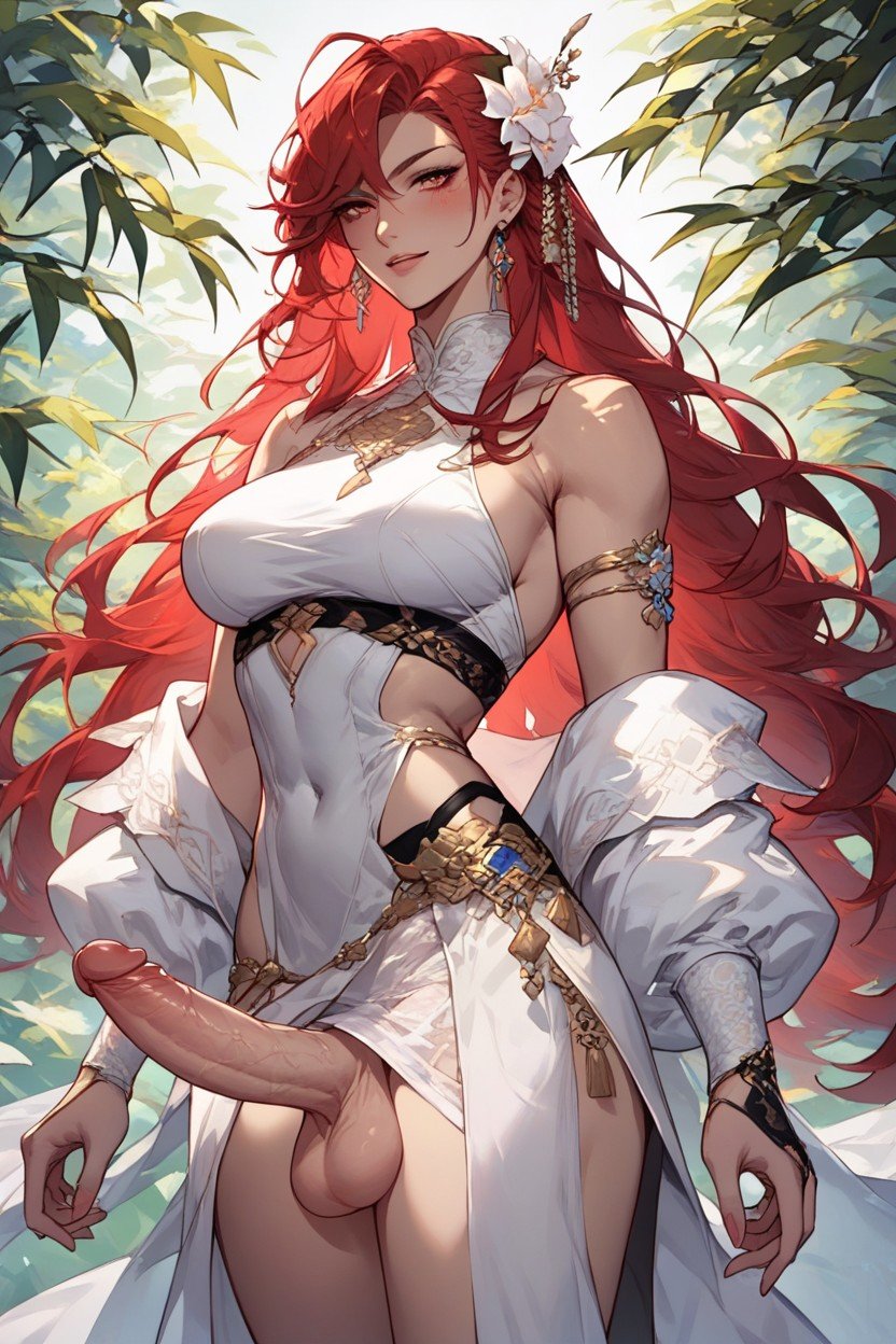 Fantasy Anime Style Clothes, Futanari Woman, Long Red Hair Travesti IA Pornô