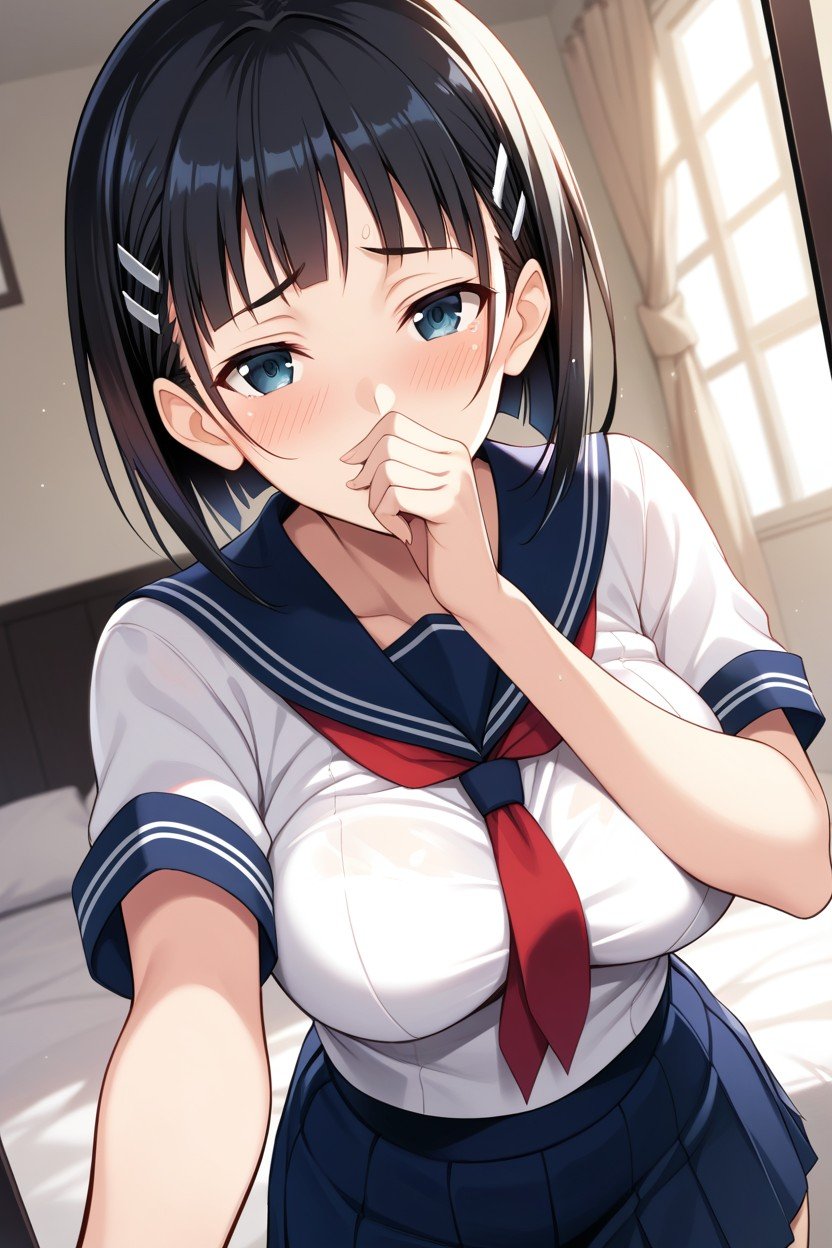 Rubbing Her Large Breasts Over Her Clothes, 恥ずかしい, With A Shy Expression On Her FaceヘンタイAIポルノ