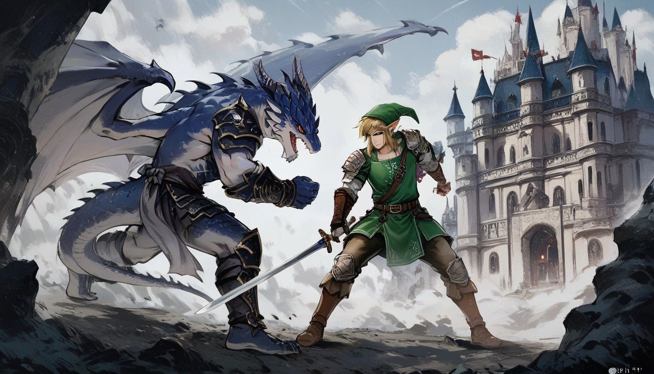 Link From Zelda Dark Armor Holding Master Sword, Castle, Fighting A White DragonAI黄漫